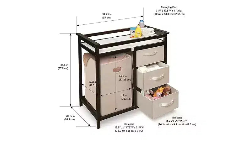 Table à langer convertible HomeStock avec 3 paniers de rangement et une corbeille à linge, rebords de sécurité, matelas confortable