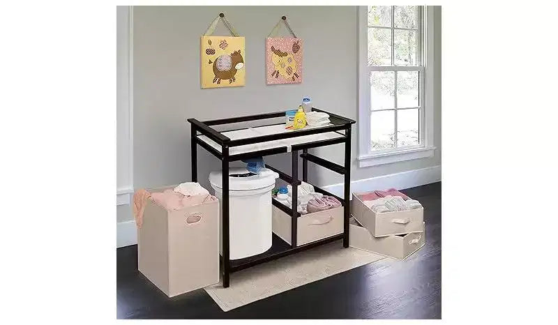 Table à langer convertible HomeStock avec 3 paniers de rangement et une corbeille à linge, rebords de sécurité, matelas confortable