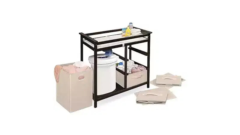 Table à langer convertible HomeStock avec 3 paniers de rangement et une corbeille à linge, rebords de sécurité, matelas confortable
