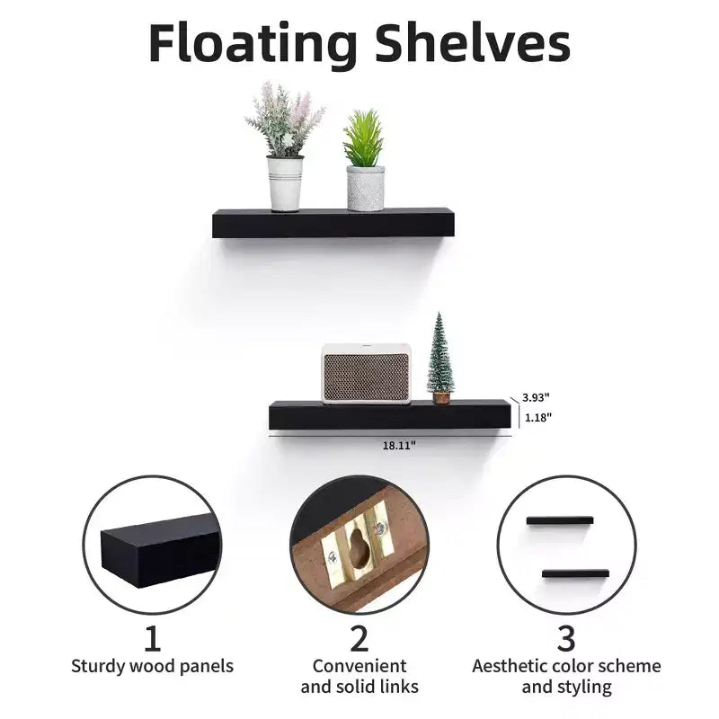 Étagère flottante noire à LED 15,75 po avec support invisible et LED intégrées, parfaite pour la décoration de salle de bain/chambre/cuisine ou pour exposer des livres/plantes