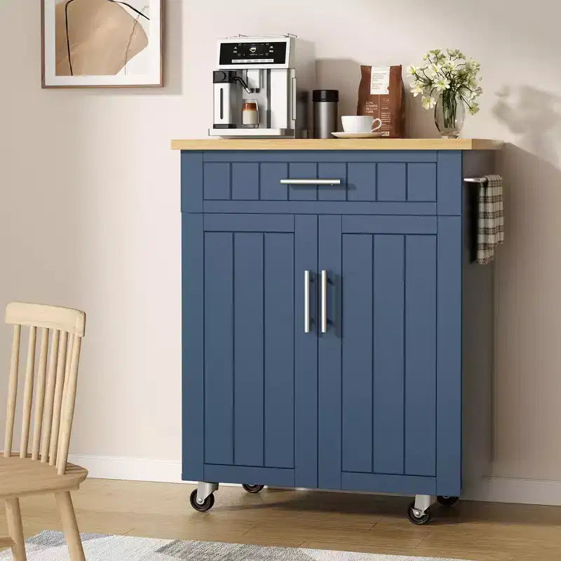 Îlot de cuisine en bois Celebalcony, chariot de cuisine avec un meuble double, un tiroir et un porte-serviettes. Chariot de rangement roulant pour la cuisine, le salon