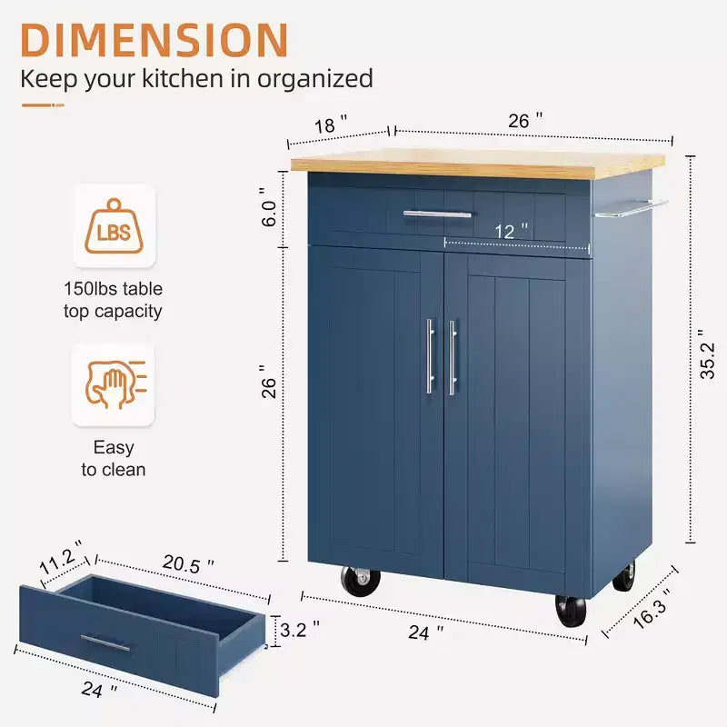 Îlot de cuisine en bois Celebalcony, chariot de cuisine avec un meuble double, un tiroir et un porte-serviettes. Chariot de rangement roulant pour la cuisine, le salon