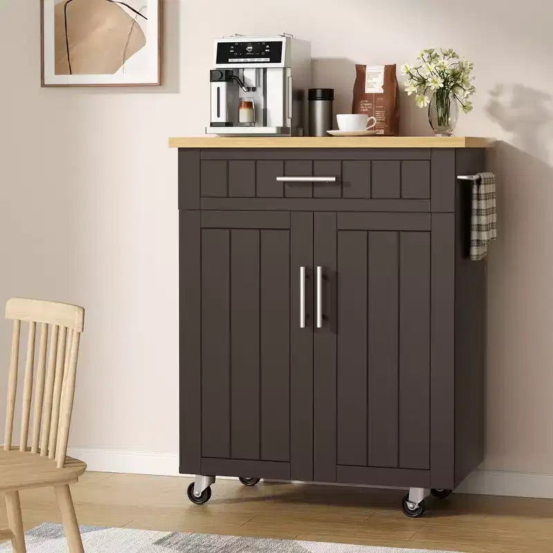 Îlot de cuisine en bois Celebalcony, chariot de cuisine avec un meuble double, un tiroir et un porte-serviettes. Chariot de rangement roulant pour la cuisine, le salon