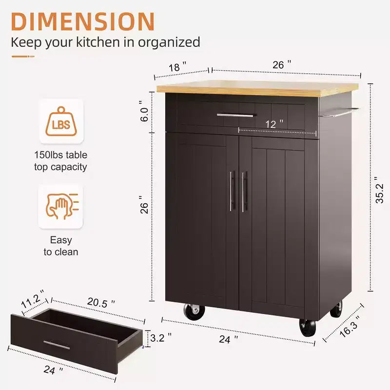 Îlot de cuisine en bois Celebalcony, chariot de cuisine avec un meuble double, un tiroir et un porte-serviettes. Chariot de rangement roulant pour la cuisine, le salon