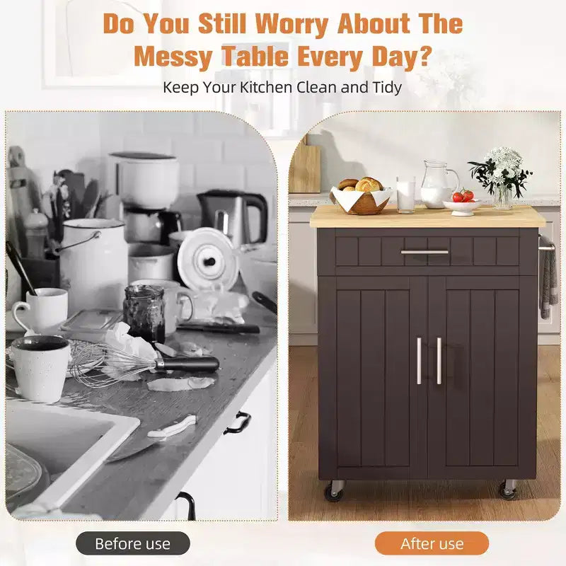 Îlot de cuisine en bois Celebalcony, chariot de cuisine avec un meuble double, un tiroir et un porte-serviettes. Chariot de rangement roulant pour la cuisine, le salon