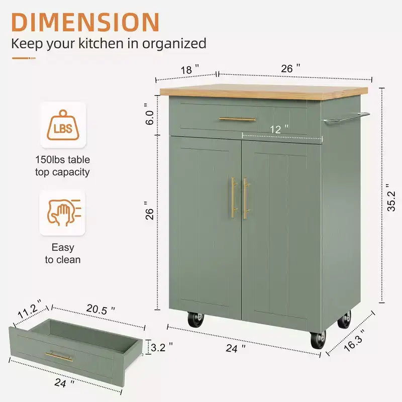 Îlot de cuisine en bois Celebalcony, chariot de cuisine avec un meuble double, un tiroir et un porte-serviettes. Chariot de rangement roulant pour la cuisine, le salon