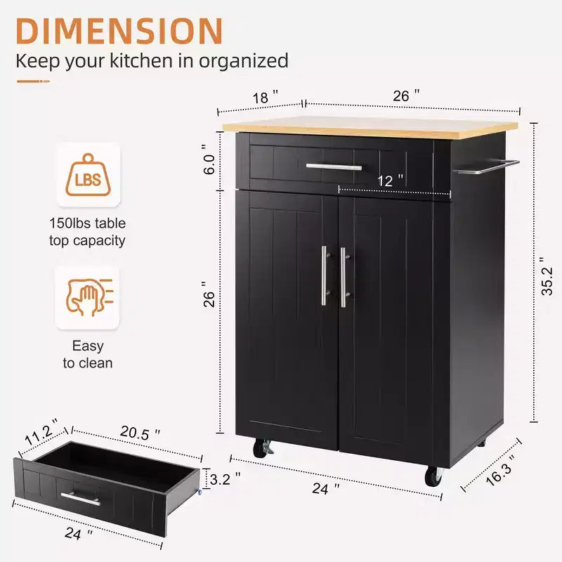 Îlot de cuisine en bois Celebalcony, chariot de cuisine avec un meuble double, un tiroir et un porte-serviettes. Chariot de rangement roulant pour la cuisine, le salon