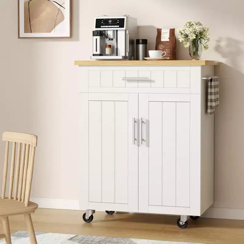 Îlot de cuisine en bois Celebalcony, chariot de cuisine avec un meuble double, un tiroir et un porte-serviettes. Chariot de rangement roulant pour la cuisine, le salon