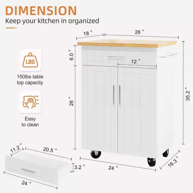 Îlot de cuisine en bois Celebalcony, chariot de cuisine avec un meuble double, un tiroir et un porte-serviettes. Chariot de rangement roulant pour la cuisine, le salon