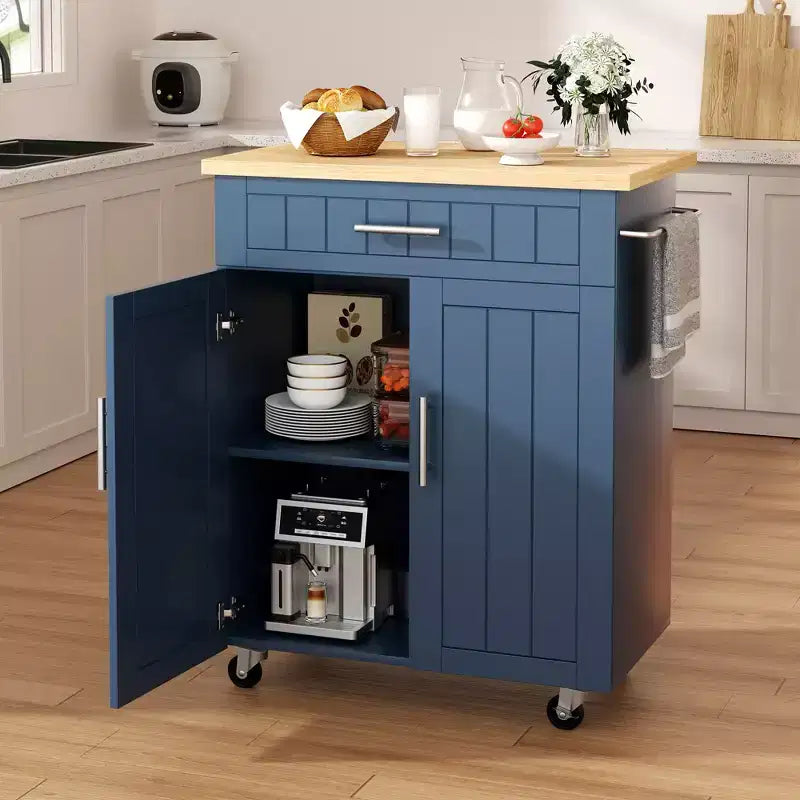 Îlot de cuisine en bois Celebalcony, chariot de cuisine avec un meuble double, un tiroir et un porte-serviettes. Chariot de rangement roulant pour la cuisine, le salon