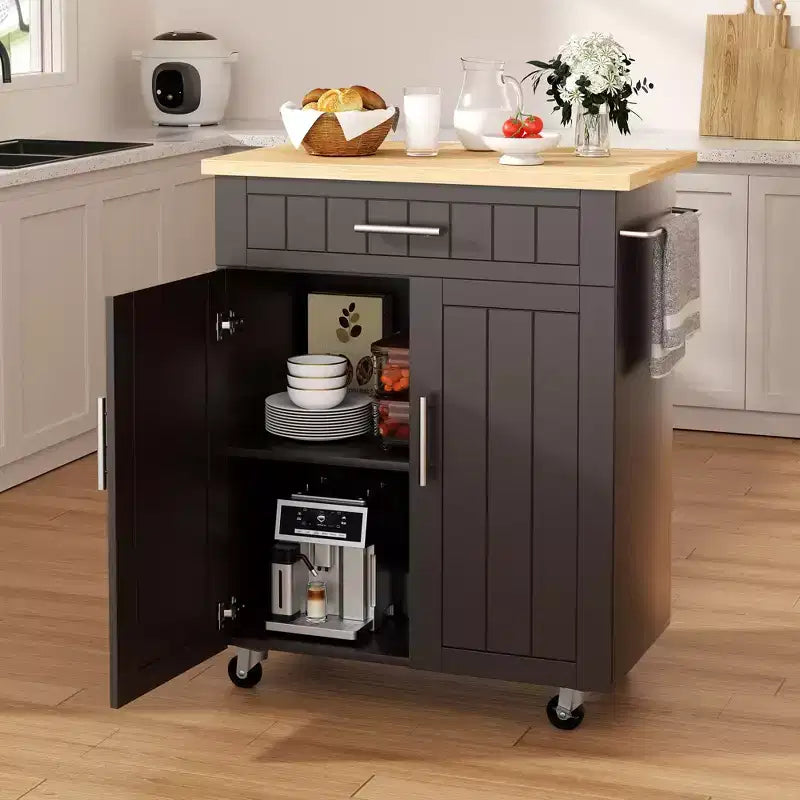 Îlot de cuisine en bois Celebalcony, chariot de cuisine avec un meuble double, un tiroir et un porte-serviettes. Chariot de rangement roulant pour la cuisine, le salon