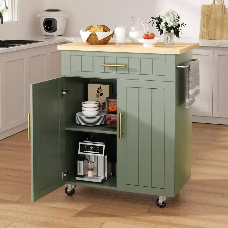Îlot de cuisine en bois Celebalcony, chariot de cuisine avec un meuble double, un tiroir et un porte-serviettes. Chariot de rangement roulant pour la cuisine, le salon