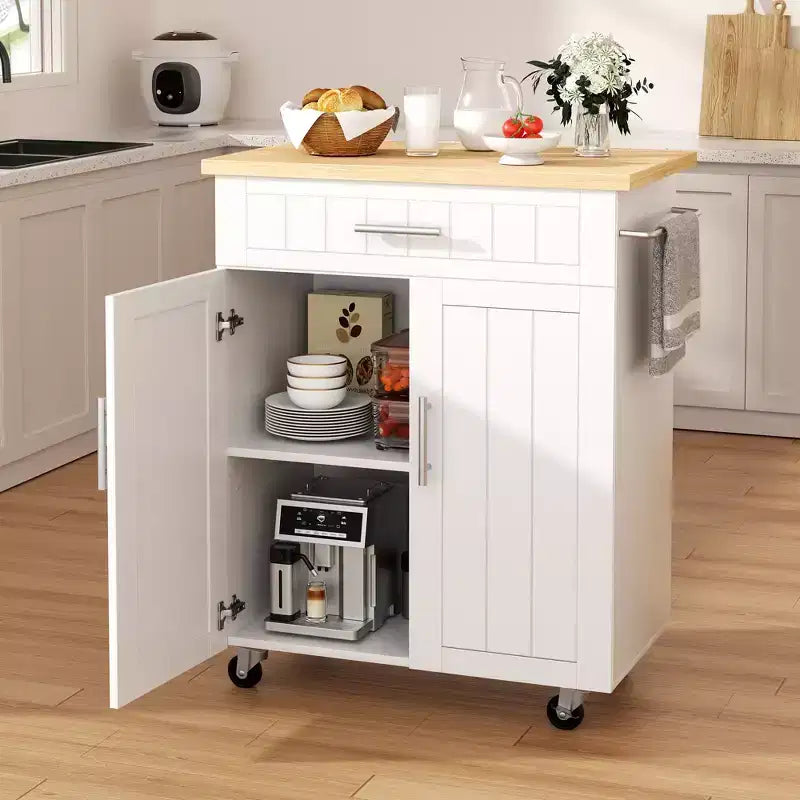 Îlot de cuisine en bois Celebalcony, chariot de cuisine avec un meuble double, un tiroir et un porte-serviettes. Chariot de rangement roulant pour la cuisine, le salon