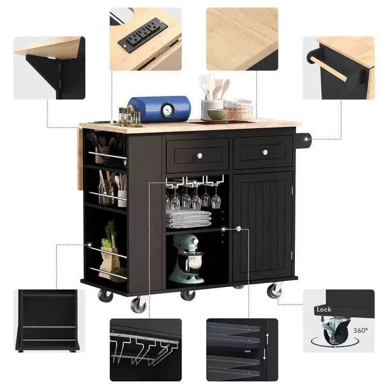 TUYOHW Îlot de cuisine roulant de 101 cm avec abattant, prise de courant et rangement ouvert, chariot de cuisine avec 2 tiroirs et 1 meuble à porte