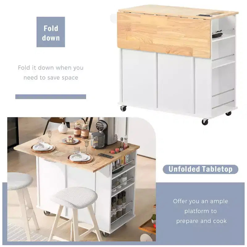 TUYOHW Îlot de cuisine roulant de 101 cm avec abattant, prise de courant et rangement ouvert, chariot de cuisine avec 2 tiroirs et 1 meuble à porte
