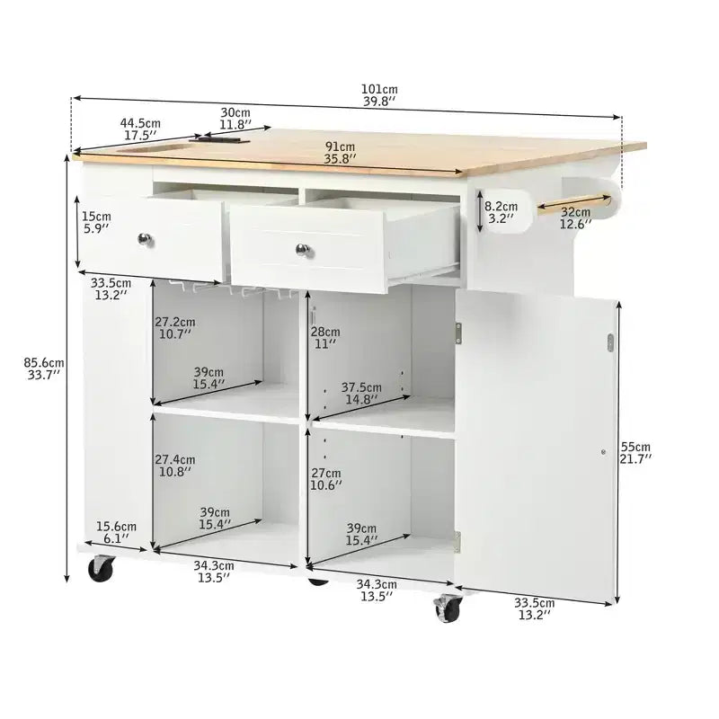 TUYOHW Îlot de cuisine roulant de 101 cm avec abattant, prise de courant et rangement ouvert, chariot de cuisine avec 2 tiroirs et 1 meuble à porte