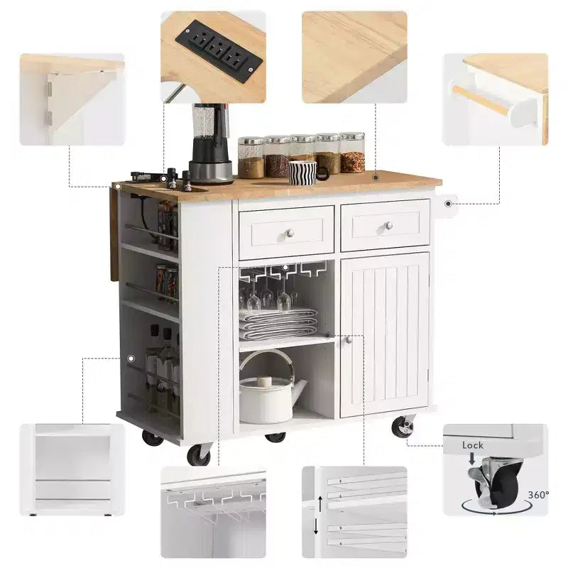 TUYOHW Îlot de cuisine roulant de 101 cm avec abattant, prise de courant et rangement ouvert, chariot de cuisine avec 2 tiroirs et 1 meuble à porte