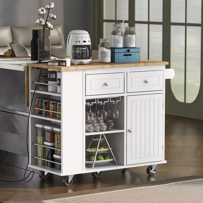 TUYOHW Îlot de cuisine roulant de 101 cm avec abattant, prise de courant et rangement ouvert, chariot de cuisine avec 2 tiroirs et 1 meuble à porte