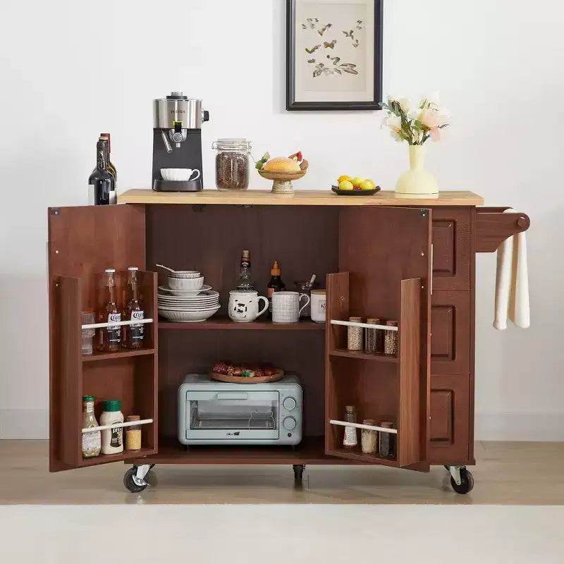 TUYOHW Îlot de cuisine roulant de 136,6 cm avec abattant, Chariot de cuisine avec armoire à 2 portes et 3 tiroirs
