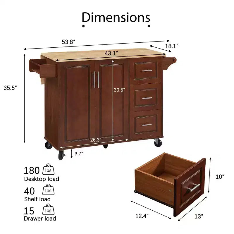 TUYOHW Îlot de cuisine roulant de 136,6 cm avec abattant, Chariot de cuisine avec armoire à 2 portes et 3 tiroirs