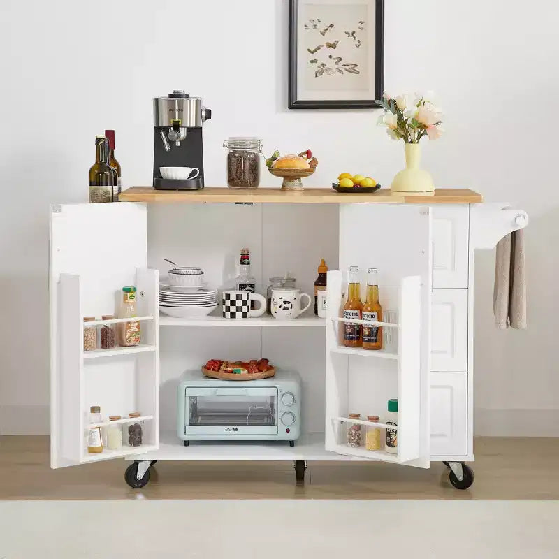 TUYOHW Îlot de cuisine roulant de 136,6 cm avec abattant, Chariot de cuisine avec armoire à 2 portes et 3 tiroirs