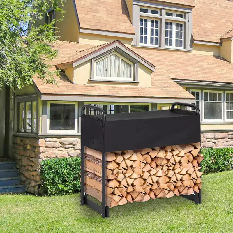 Support de bois de chauffage extérieur avec housse, rangement de bûches en acier de 1,3 m, empileur de bûches robuste pour terrasse, cheminée intérieure/extérieure, noir