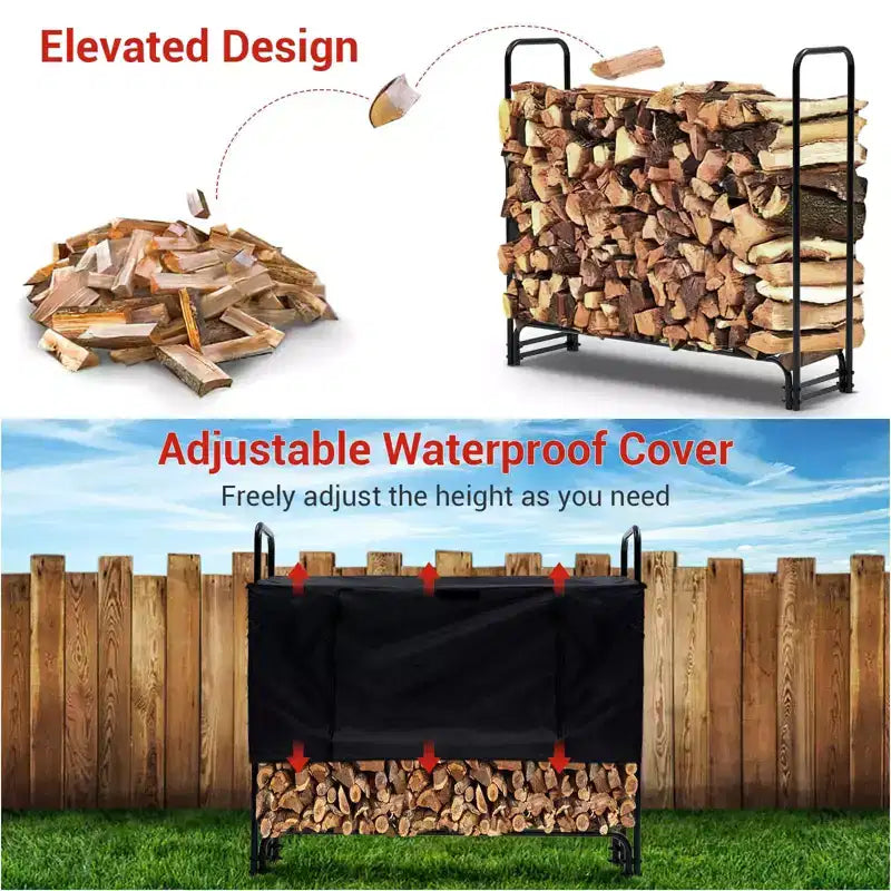 Support de bois de chauffage extérieur avec housse, rangement de bûches en acier de 1,3 m, empileur de bûches robuste pour terrasse, cheminée intérieure/extérieure, noir