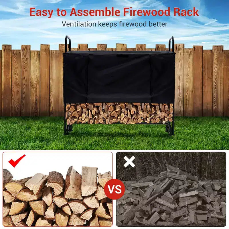 Support de bois de chauffage extérieur avec housse, rangement de bûches en acier de 1,3 m, empileur de bûches robuste pour terrasse, cheminée intérieure/extérieure, noir