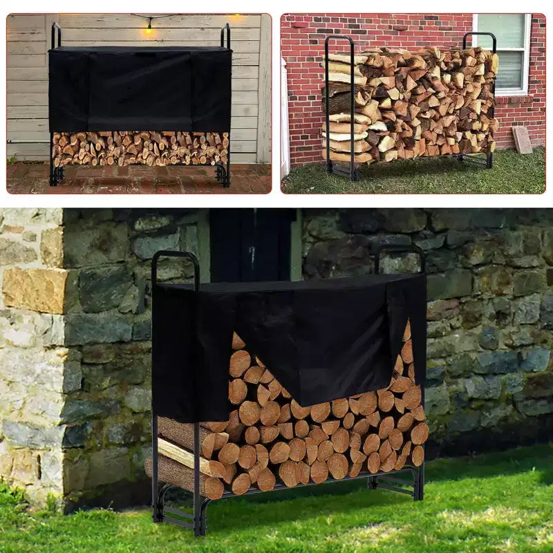 Support de bois de chauffage extérieur avec housse, rangement de bûches en acier de 1,3 m, empileur de bûches robuste pour terrasse, cheminée intérieure/extérieure, noir