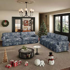 MAYEERTY Canapé nuage 3 et 4 places luxueusement confortable, en tissu chenille avec accoudoirs arrondis et jupe plissée, motif floral bleu