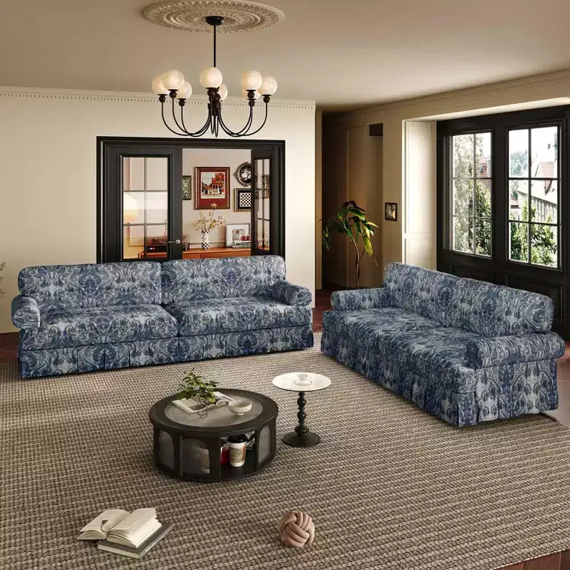 MAYEERTY Canapé nuage 3 et 4 places luxueusement confortable, en tissu chenille avec accoudoirs arrondis et jupe plissée, motif floral bleu