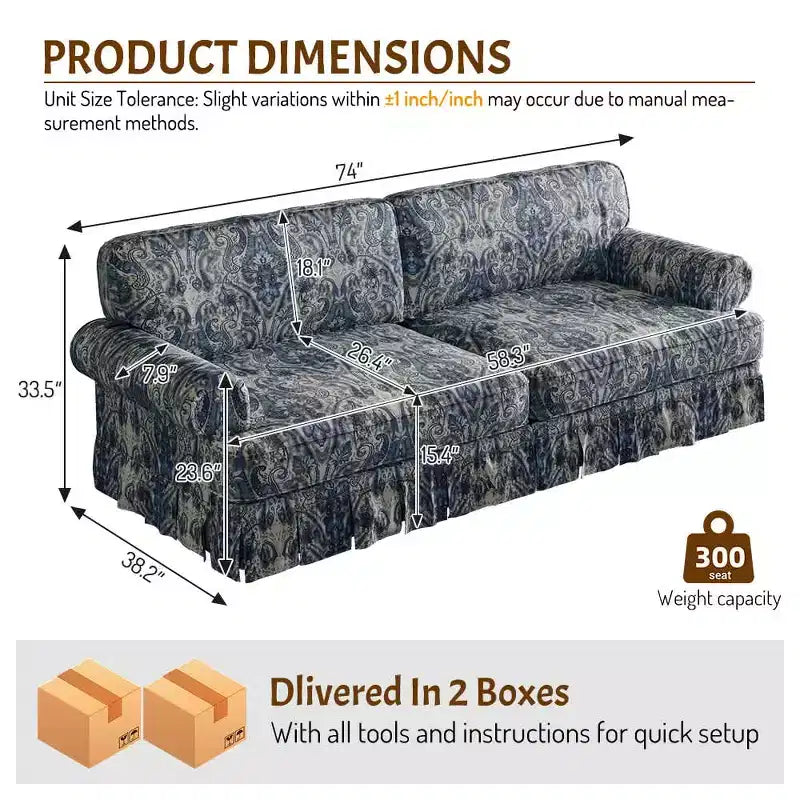 MAYEERTY Canapé nuage 3 et 4 places luxueusement confortable, en tissu chenille avec accoudoirs arrondis et jupe plissée, motif floral bleu