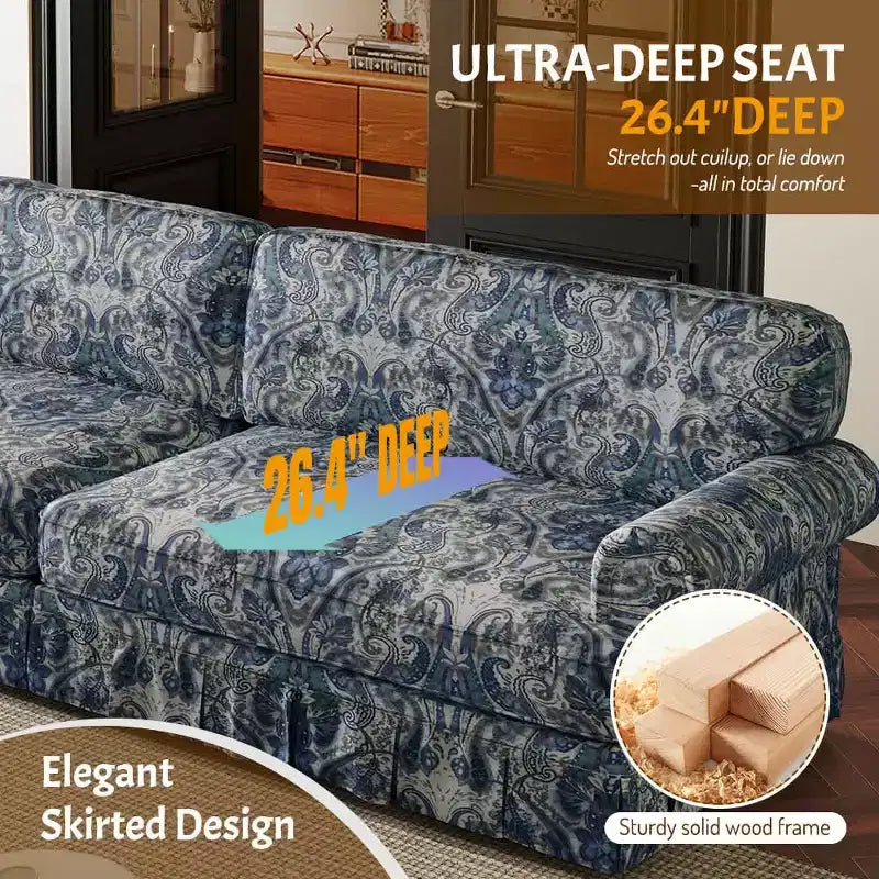 MAYEERTY Canapé nuage 3 et 4 places luxueusement confortable, en tissu chenille avec accoudoirs arrondis et jupe plissée, motif floral bleu
