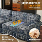 MAYEERTY Canapé nuage 3 et 4 places luxueusement confortable, en tissu chenille avec accoudoirs arrondis et jupe plissée, motif floral bleu