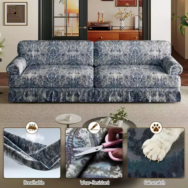 MAYEERTY Canapé nuage 3 et 4 places luxueusement confortable, en tissu chenille avec accoudoirs arrondis et jupe plissée, motif floral bleu