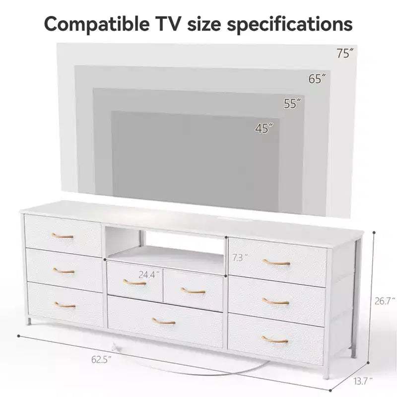 Commode à 9 tiroirs blanche de 160 cm pour chambre à coucher, meuble TV LED pour téléviseur de 75 pouces avec station de charge, prises de courant, commode de rangement en tissu, meuble console multimédia