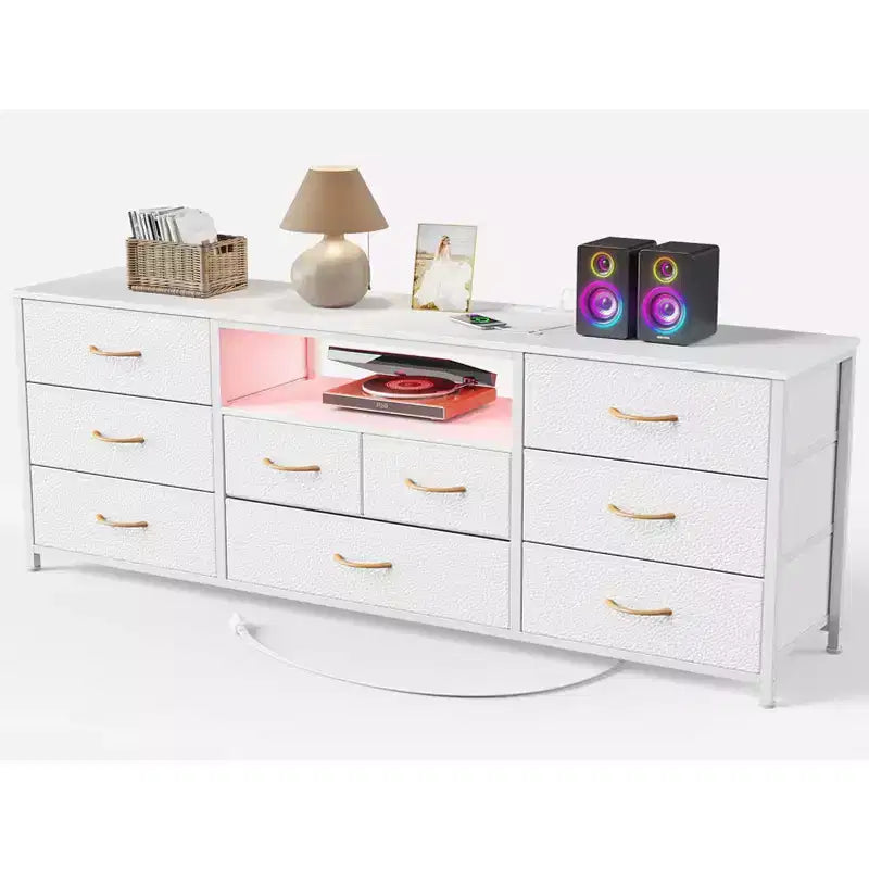 Commode à 9 tiroirs blanche de 160 cm pour chambre à coucher, meuble TV LED pour téléviseur de 75 pouces avec station de charge, prises de courant, commode de rangement en tissu, meuble console multimédia
