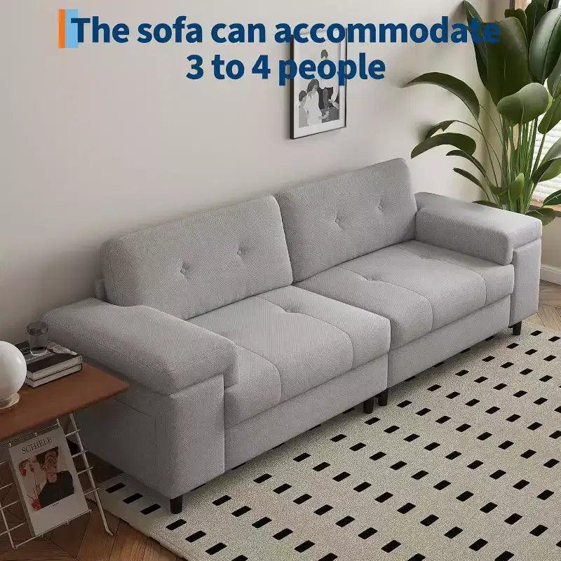 Canapé moderne 3 places de 85 pouces avec accoudoirs réglables et tissu chenille doux, canapé avec dossier touffeté de boutons pour salon et chambre