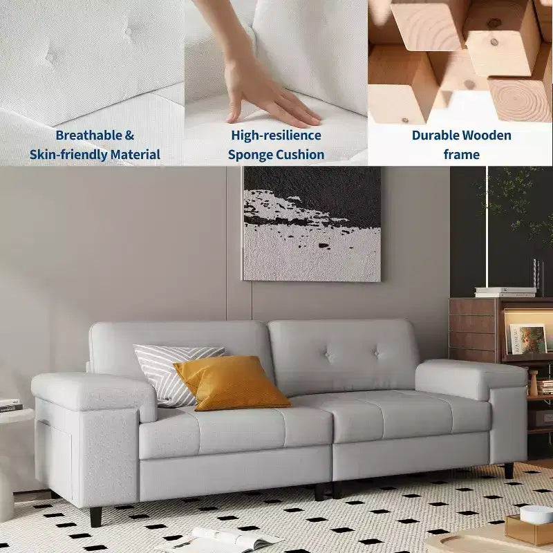 Canapé moderne 3 places de 85 pouces avec accoudoirs réglables et tissu chenille doux, canapé avec dossier touffeté de boutons pour salon et chambre
