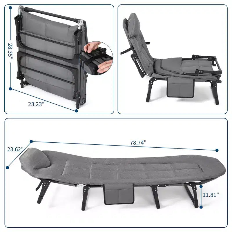 79 Lit de camp pliable portable avec coussin et oreiller, lit de camping pour adultes supportant 227 kg, lit de tente léger pour patio, plage, intérieur, extérieur