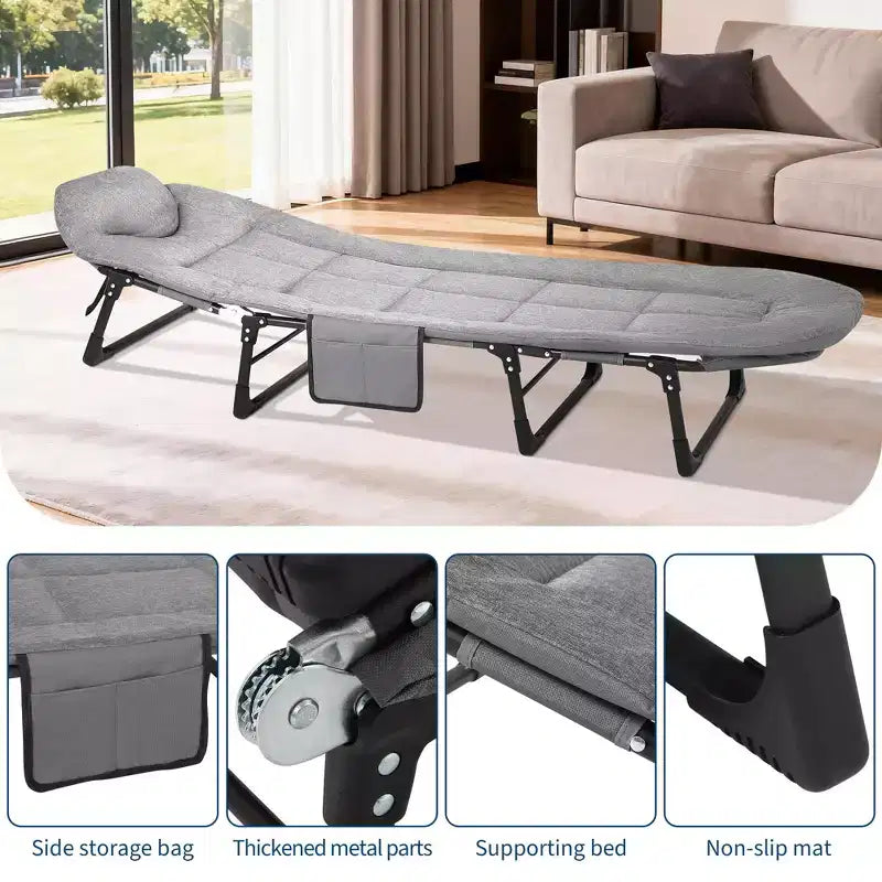 79 Lit de camp pliable portable avec coussin et oreiller, lit de camping pour adultes supportant 227 kg, lit de tente léger pour patio, plage, intérieur, extérieur