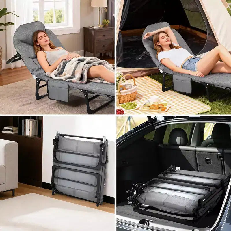 79 Lit de camp pliable portable avec coussin et oreiller, lit de camping pour adultes supportant 227 kg, lit de tente léger pour patio, plage, intérieur, extérieur