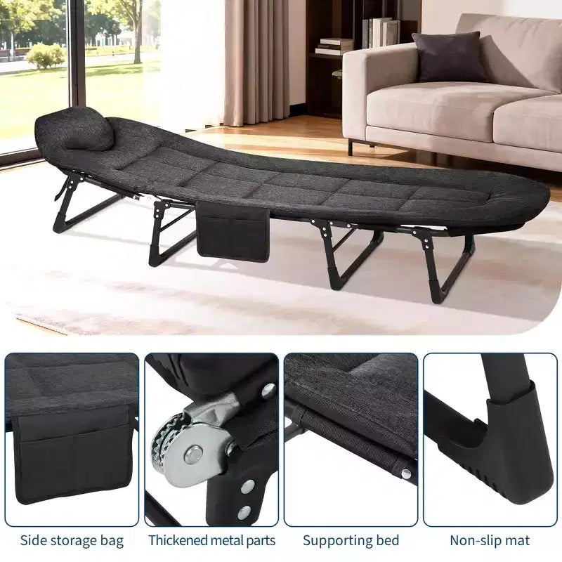 79 Lit de camp pliable portable avec coussin et oreiller, lit de camping pour adultes supportant 227 kg, lit de tente léger pour patio, plage, intérieur, extérieur