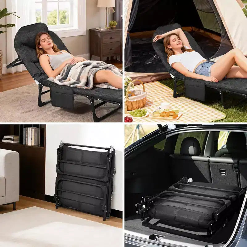 79 Lit de camp pliable portable avec coussin et oreiller, lit de camping pour adultes supportant 227 kg, lit de tente léger pour patio, plage, intérieur, extérieur