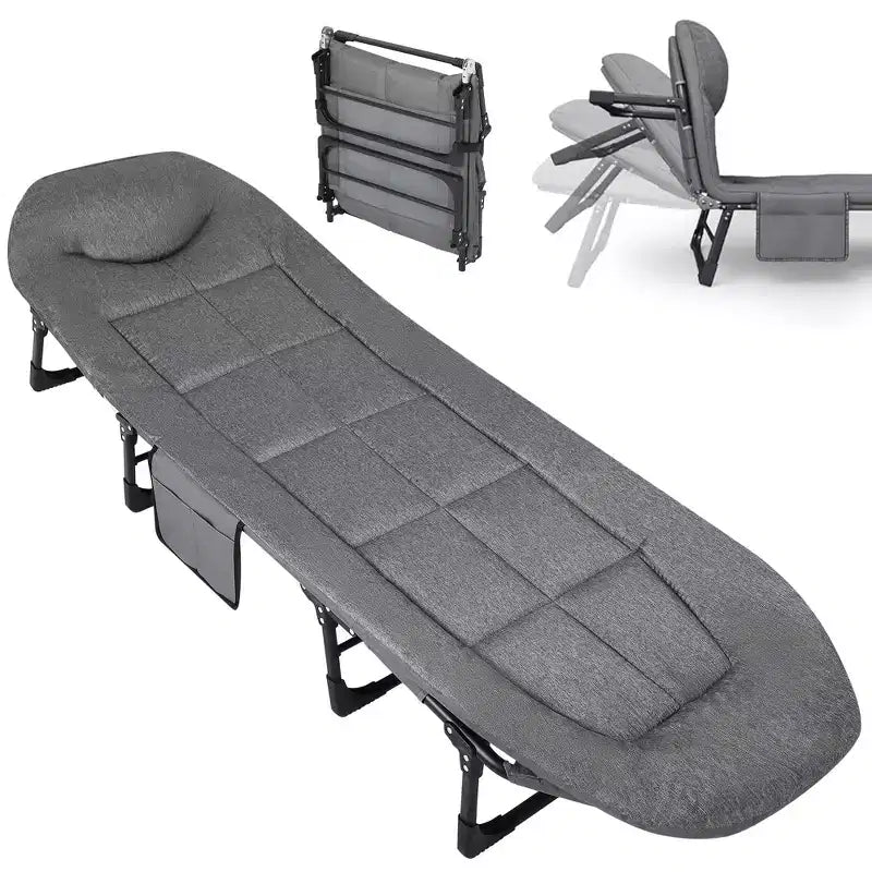 79 Lit de camp pliable portable avec coussin et oreiller, lit de camping pour adultes supportant 227 kg, lit de tente léger pour patio, plage, intérieur, extérieur