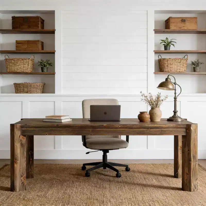 Bureau de direction en bois massif Lantine 63, grand bureau d'ordinateur de style ferme, table d'écriture simple pour le bureau à domicile