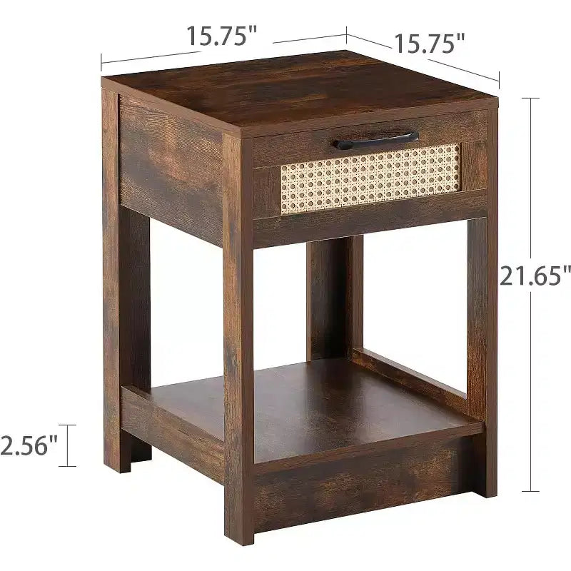 Table de chevet noire en rotin avec tiroir 40 cm, table d'appoint moderne pour chambre et salon