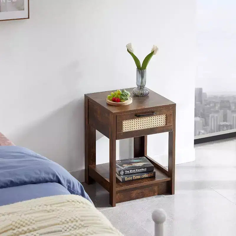 Table de chevet noire en rotin avec tiroir 40 cm, table d'appoint moderne pour chambre et salon