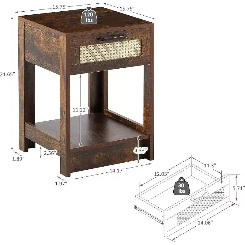 Table de chevet noire en rotin avec tiroir 40 cm, table d'appoint moderne pour chambre et salon
