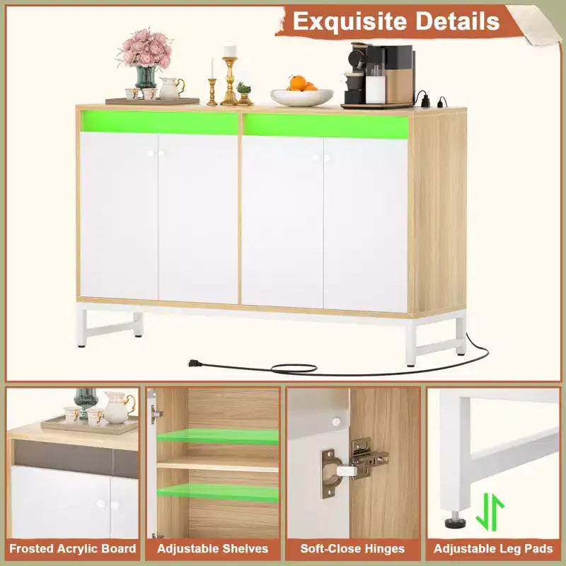 Buffet de rangement Besiost avec étagères réglables, Bar à café avec station de recharge, Lumière LED